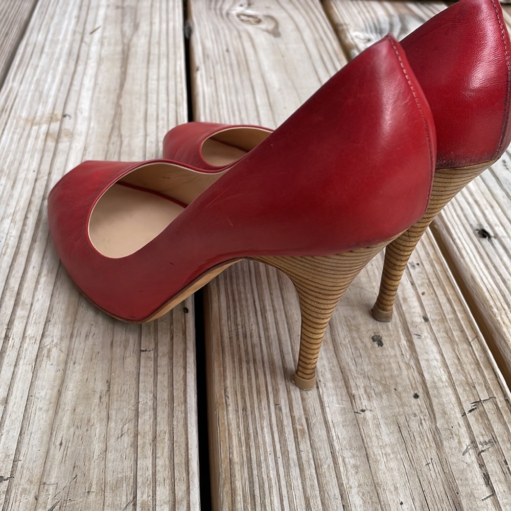 ❤️ 👀 Giuseppe Zanotti Red Leather Peep Toe Wooden Heels Size EU 39.5 - Picture 8 of 13